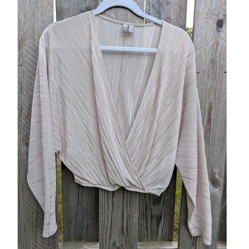 Womens ASOS Beige Pleated Crop Top Size 6 Excellent Plisse Wrap V-Neck